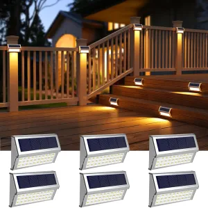 ROSHWEY Solar Deck Lights, 6 Pack 30 LED Stainless Steel Outdoor Deck Lights Solar Powered, IP65 Waterproof Step Light for Outside, Outdoor Decor for Backyard Fence, Step, Stair, Warm White Light