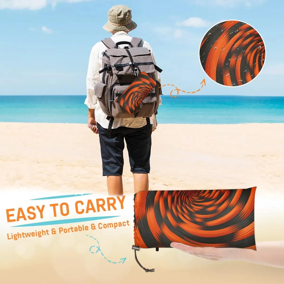 Rotary Print Beach Blanket, Sandproof Beach Mat, 68 x 59 Waterproof Quick Drying Sand Free Mat with 4 x Ground Spikes for Outdoor Travel Camping Hiking, Black Orange Pattern