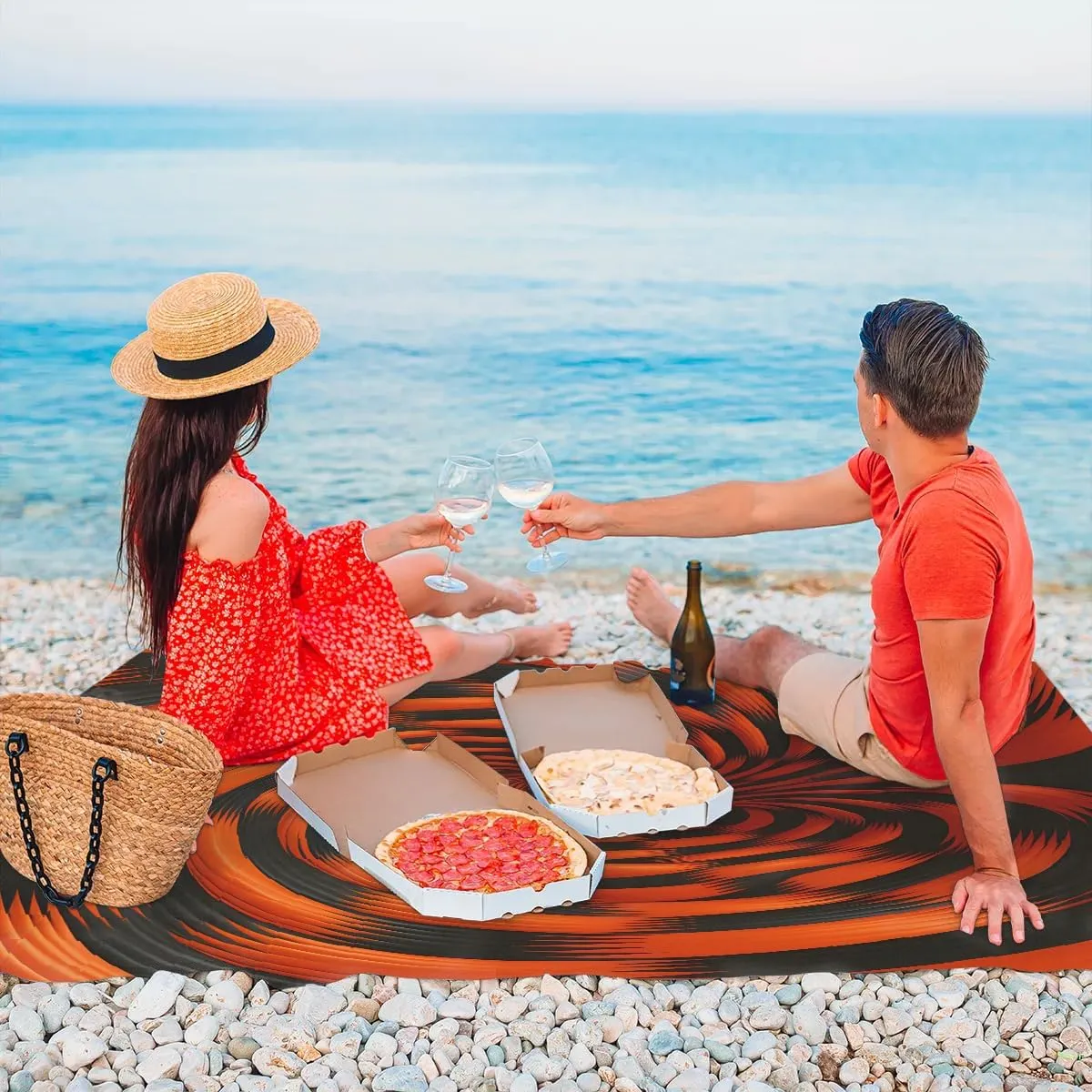Rotary Print Beach Blanket, Sandproof Beach Mat, 68 x 59 Waterproof Quick Drying Sand Free Mat with 4 x Ground Spikes for Outdoor Travel Camping Hiking, Black Orange Pattern