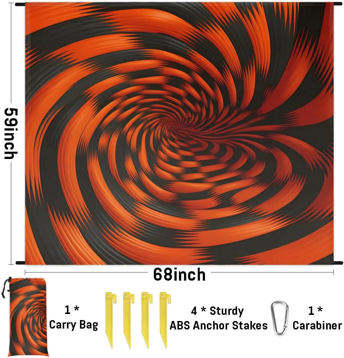 Rotary Print Beach Blanket, Sandproof Beach Mat, 68 x 59 Waterproof Quick Drying Sand Free Mat with 4 x Ground Spikes for Outdoor Travel Camping Hiking, Black Orange Pattern