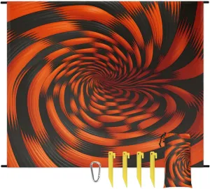 Rotary Print Beach Blanket, Sandproof Beach Mat, 68 x 59 Waterproof Quick Drying Sand Free Mat with 4 x Ground Spikes for Outdoor Travel Camping Hiking, Black Orange Pattern