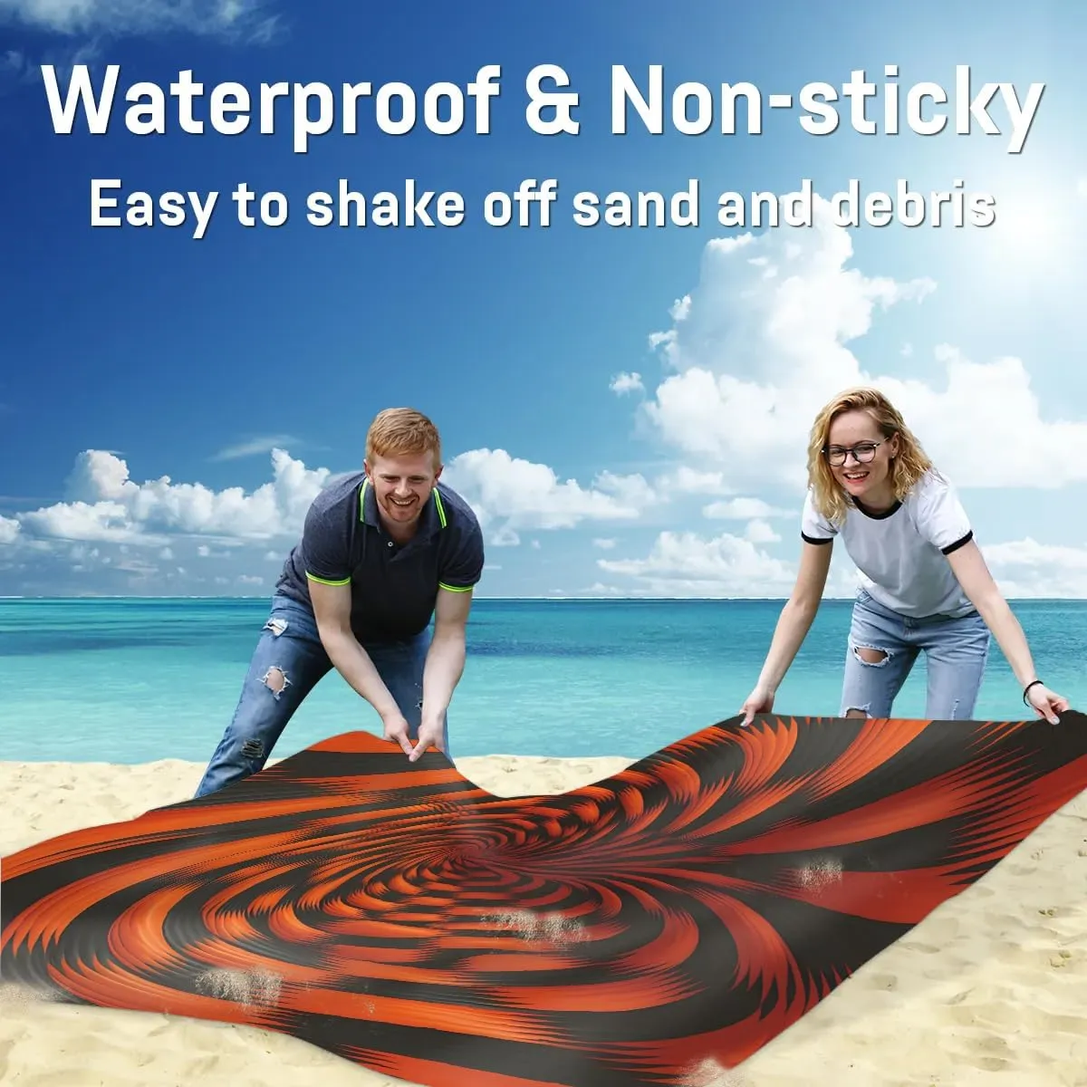 Rotary Print Beach Blanket, Sandproof Beach Mat, 68 x 59 Waterproof Quick Drying Sand Free Mat with 4 x Ground Spikes for Outdoor Travel Camping Hiking, Black Orange Pattern