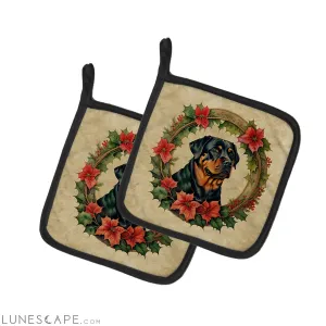 Rottweiler Christmas Flowers Pair of Pot Holders