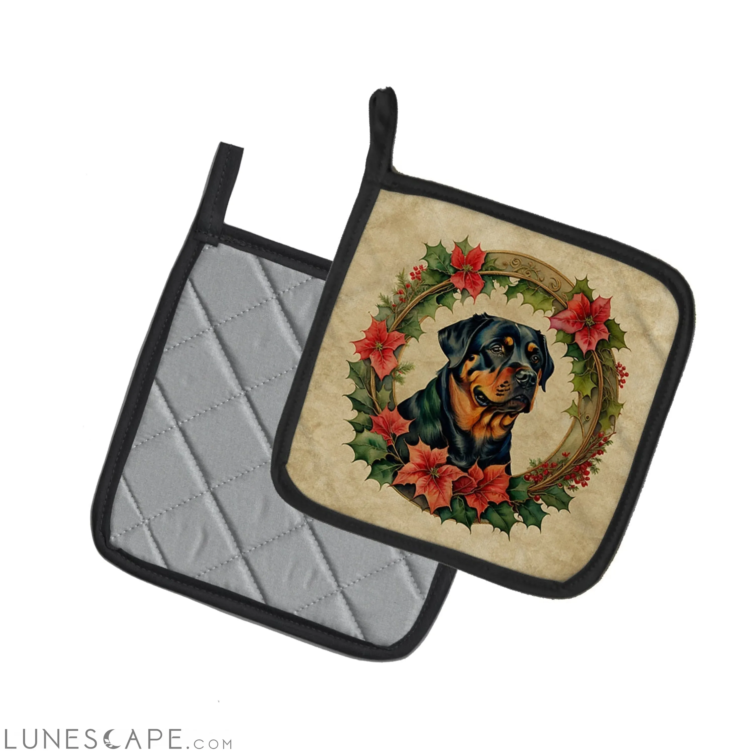 Rottweiler Christmas Flowers Pair of Pot Holders