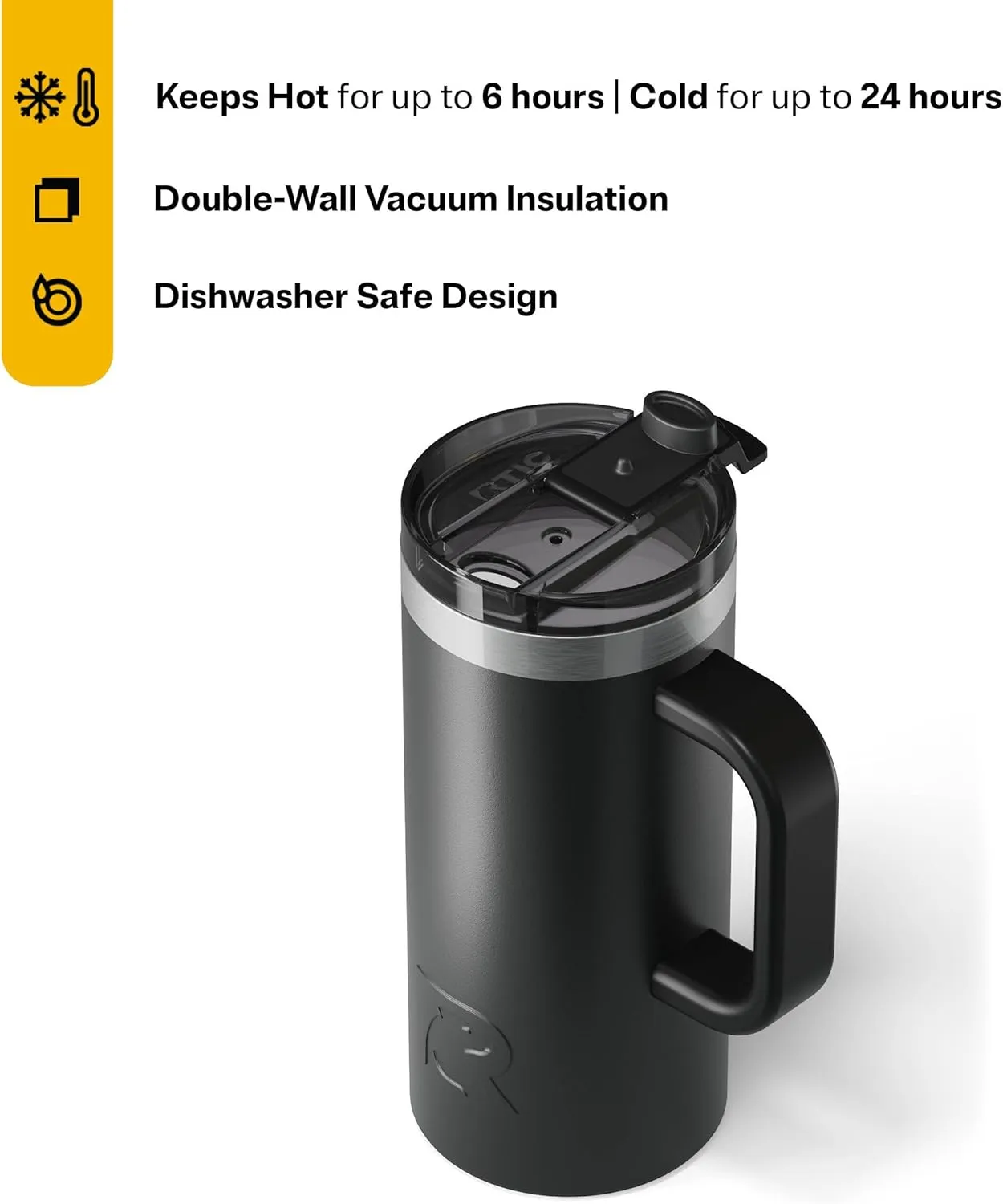 RTIC 16oz Road Trip Travel Mug with Lid and Handle, Insulated, Stainless Steel, Metal, Double Wall Vacuum-Insulation, Ceramic Lined, Portable Coffee, Tea Cup for Hot and Cold Drink, Black