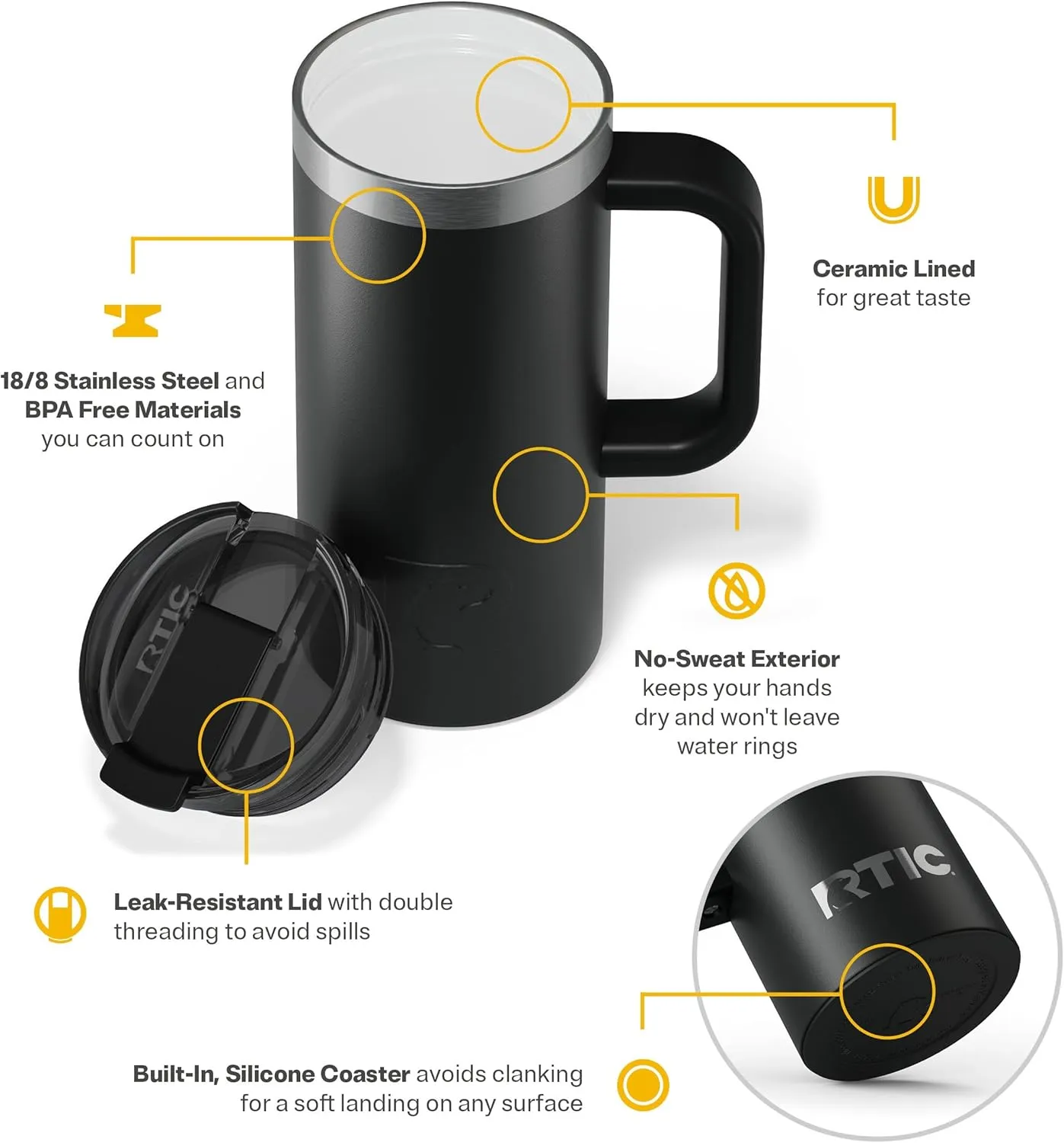 RTIC 16oz Road Trip Travel Mug with Lid and Handle, Insulated, Stainless Steel, Metal, Double Wall Vacuum-Insulation, Ceramic Lined, Portable Coffee, Tea Cup for Hot and Cold Drink, Black