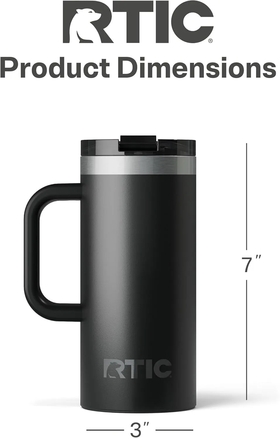 RTIC 16oz Road Trip Travel Mug with Lid and Handle, Insulated, Stainless Steel, Metal, Double Wall Vacuum-Insulation, Ceramic Lined, Portable Coffee, Tea Cup for Hot and Cold Drink, Black
