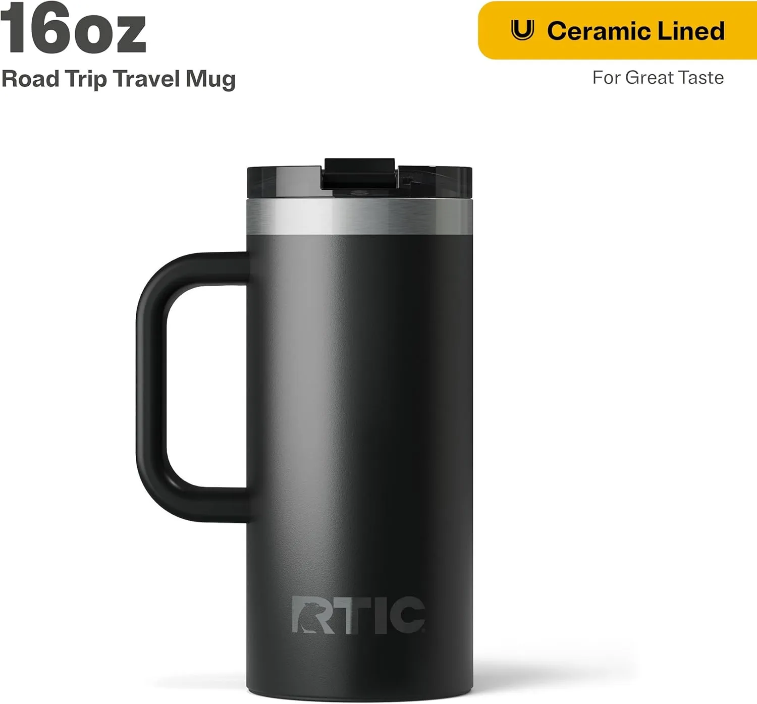 RTIC 16oz Road Trip Travel Mug with Lid and Handle, Insulated, Stainless Steel, Metal, Double Wall Vacuum-Insulation, Ceramic Lined, Portable Coffee, Tea Cup for Hot and Cold Drink, Black