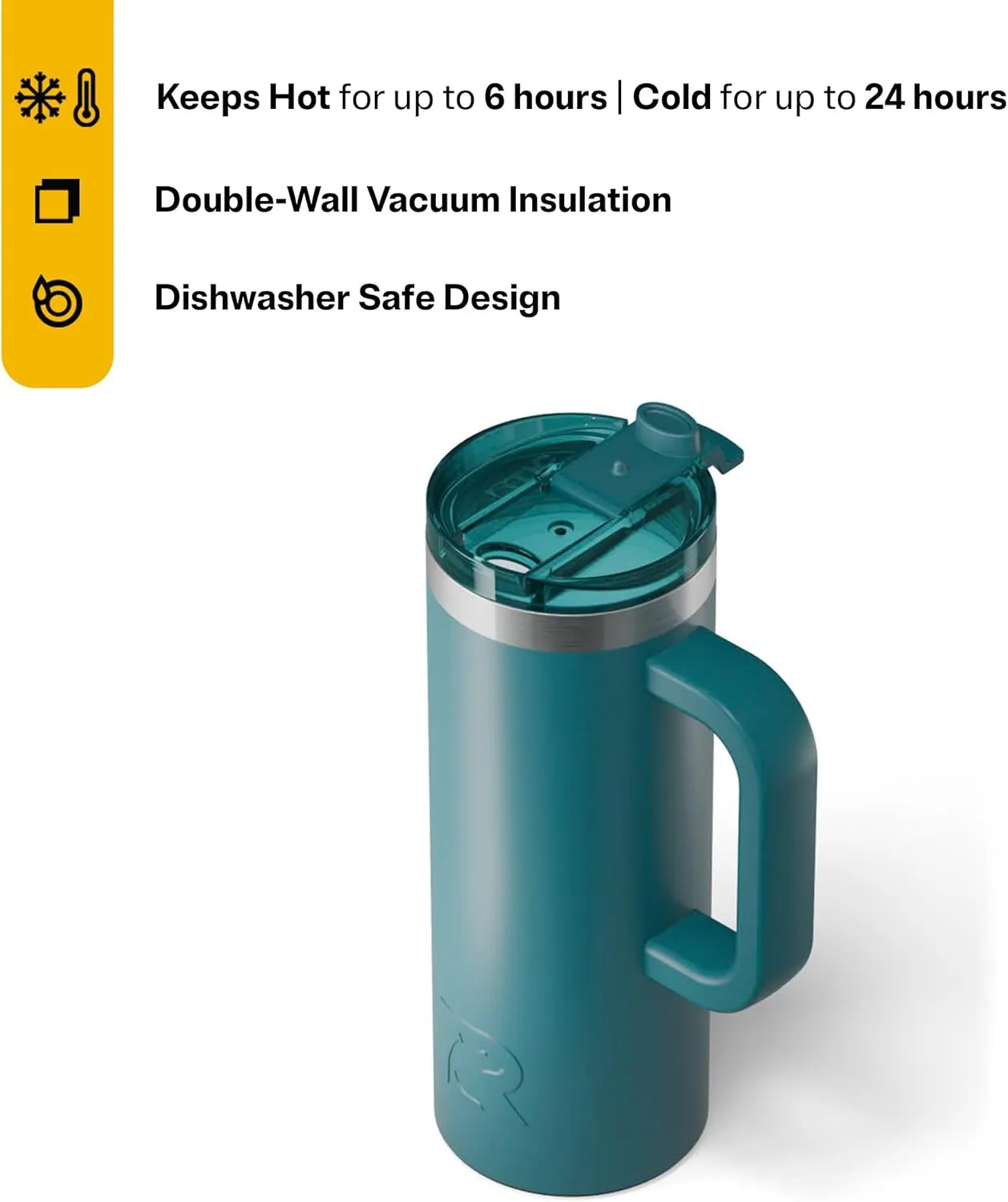 RTIC 20oz Road Trip Travel Mug with Lid and Handle, Insulated, Stainless Steel, Metal, Double Wall Vacuum-Insulation, Ceramic Lined, Portable Coffee, Tea Cup for Hot and Cold Drink, Deep Harbor