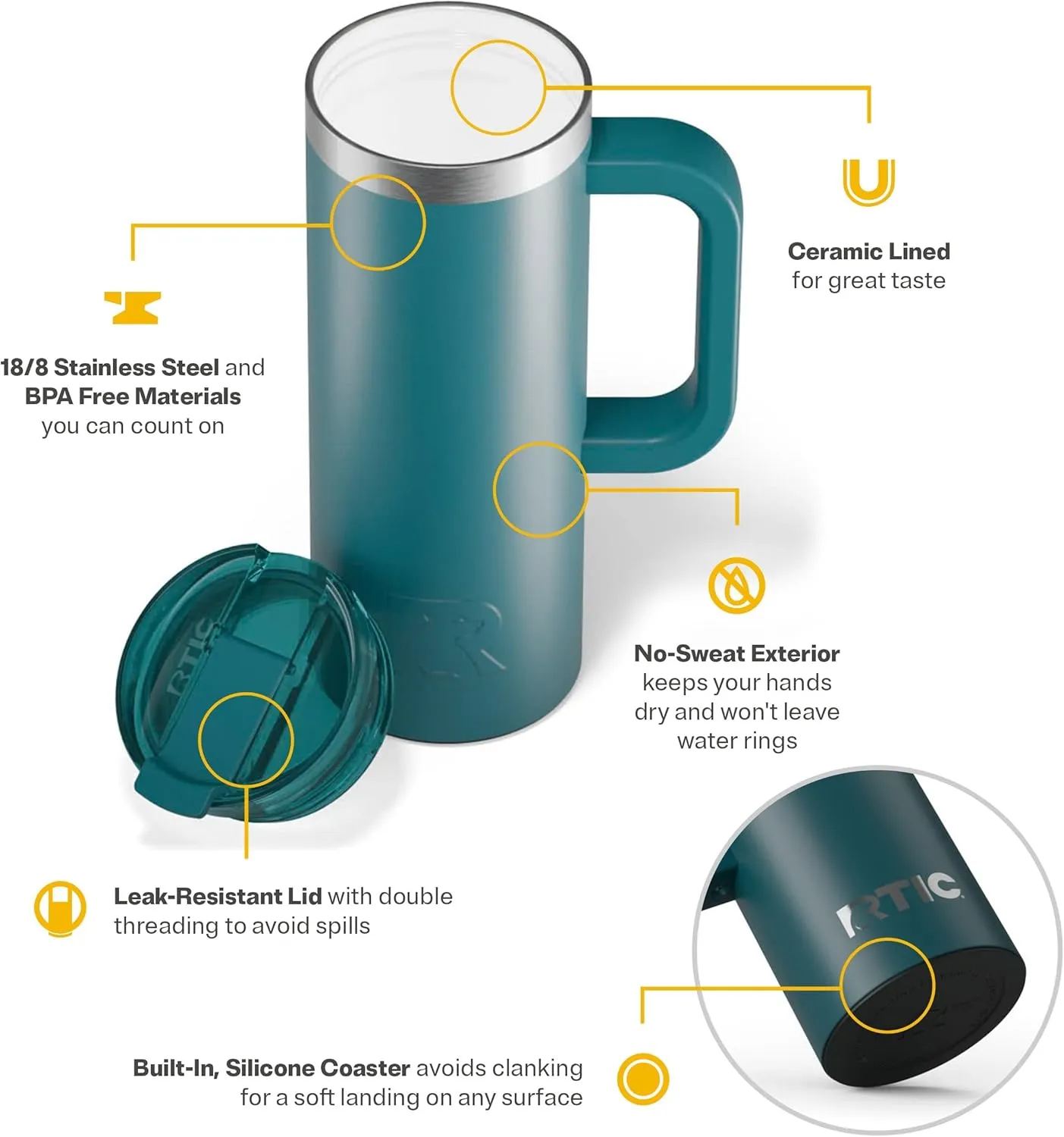 RTIC 20oz Road Trip Travel Mug with Lid and Handle, Insulated, Stainless Steel, Metal, Double Wall Vacuum-Insulation, Ceramic Lined, Portable Coffee, Tea Cup for Hot and Cold Drink, Deep Harbor
