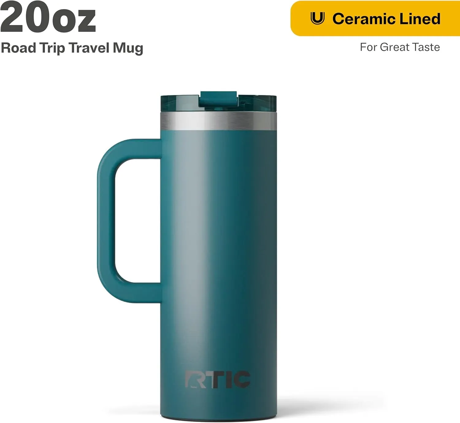 RTIC 20oz Road Trip Travel Mug with Lid and Handle, Insulated, Stainless Steel, Metal, Double Wall Vacuum-Insulation, Ceramic Lined, Portable Coffee, Tea Cup for Hot and Cold Drink, Deep Harbor