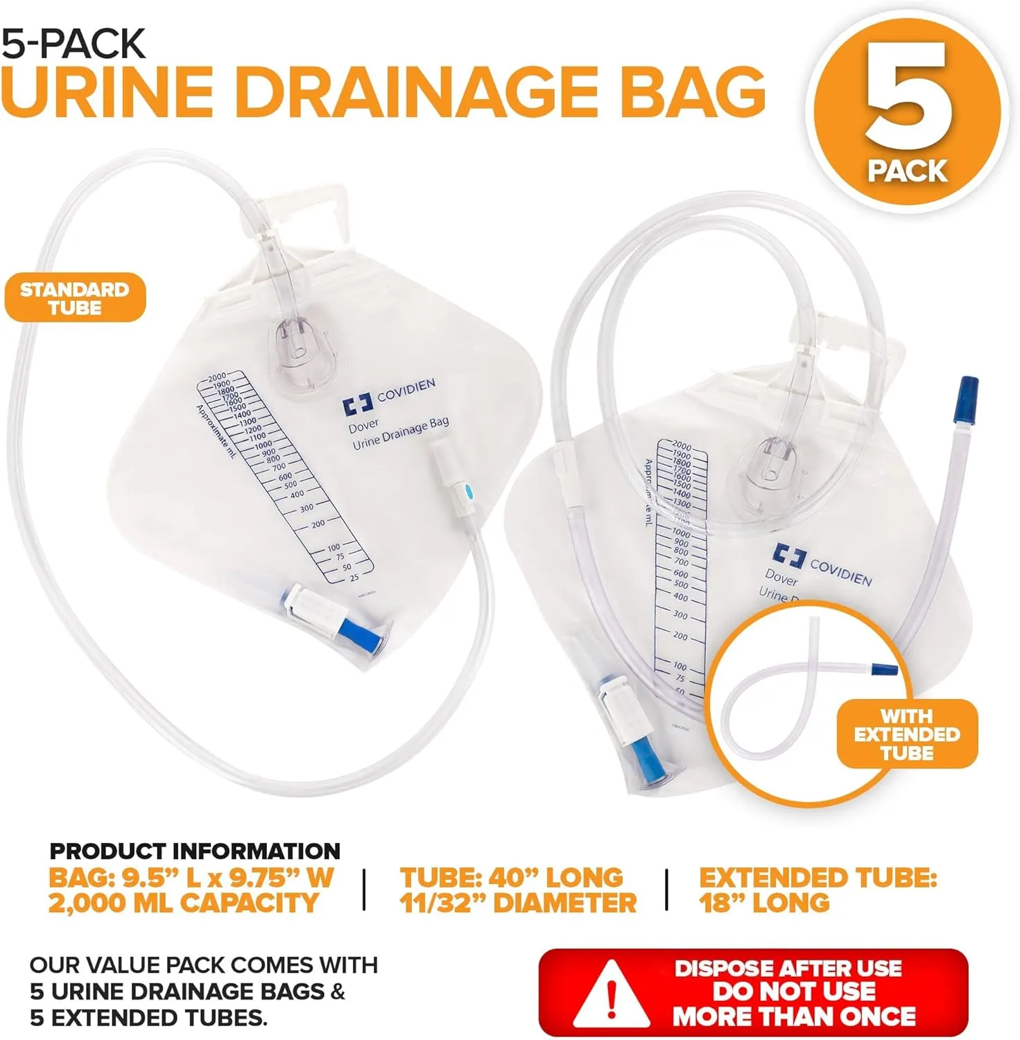 RUSCH Urine Drainage Bag with 18” Extended Tube (5 Pack) - Urine Bag with Anti-Reflux Chamber with Splash-Resistant Drain Spout - 2000 mL Vinyl Urine Bags for Men - 40" Tube Drainage - Stock Your Home