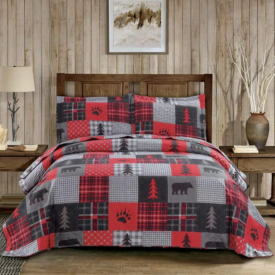 Rustic Bear Quilts Set Full/Queen Size, Red Black Plaid Patchwork Bedding Lightweight Lodge Cabin Bedspread Coverlet with Pillowshams (Red Black Gray, Full/Queen)