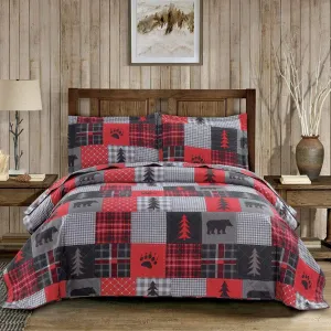 Rustic Bear Quilts Set Full/Queen Size, Red Black Plaid Patchwork Bedding Lightweight Lodge Cabin Bedspread Coverlet with Pillowshams (Red Black Gray, Full/Queen)