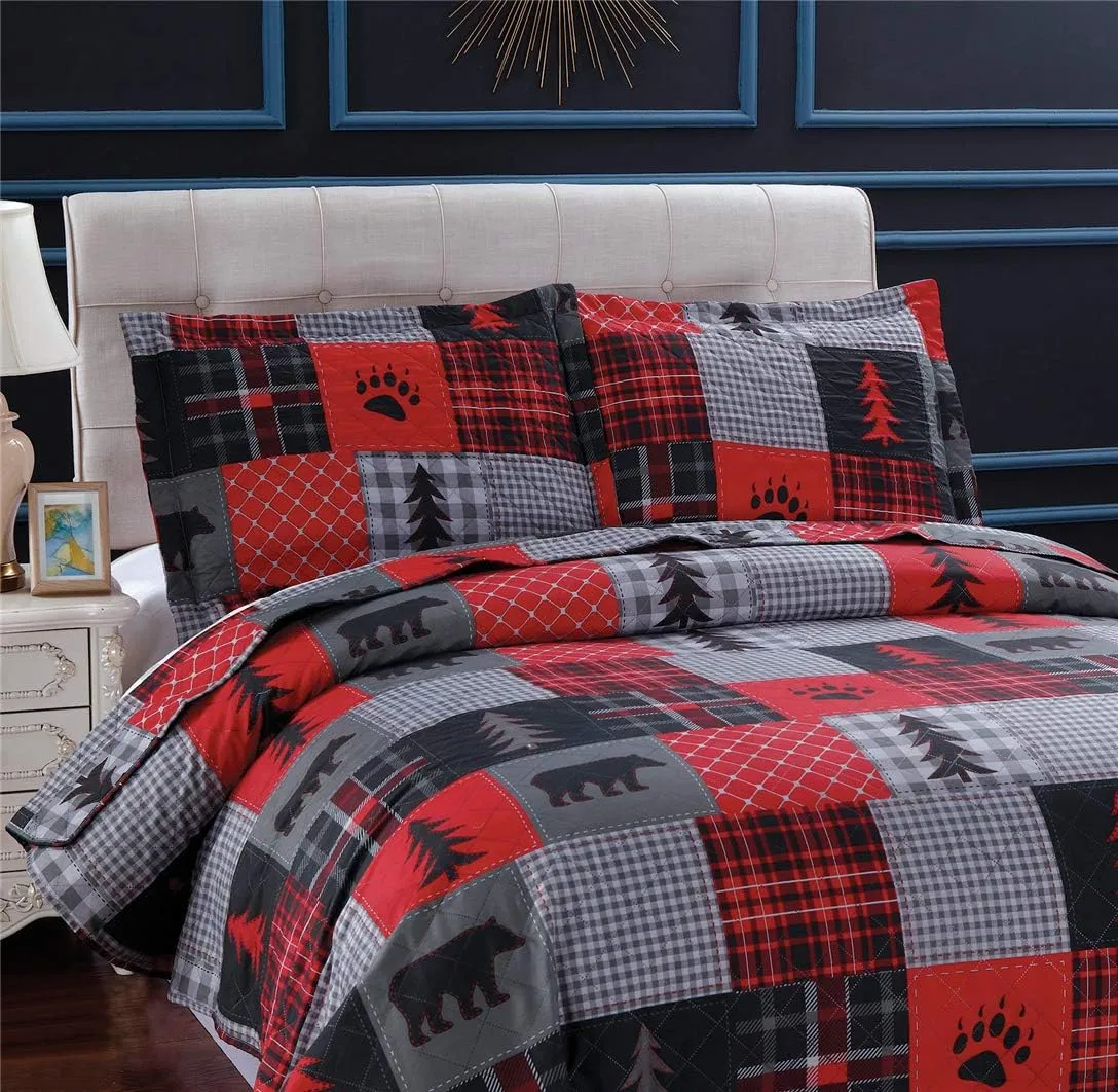 Rustic Bear Quilts Set Full/Queen Size, Red Black Plaid Patchwork Bedding Lightweight Lodge Cabin Bedspread Coverlet with Pillowshams (Red Black Gray, Full/Queen)