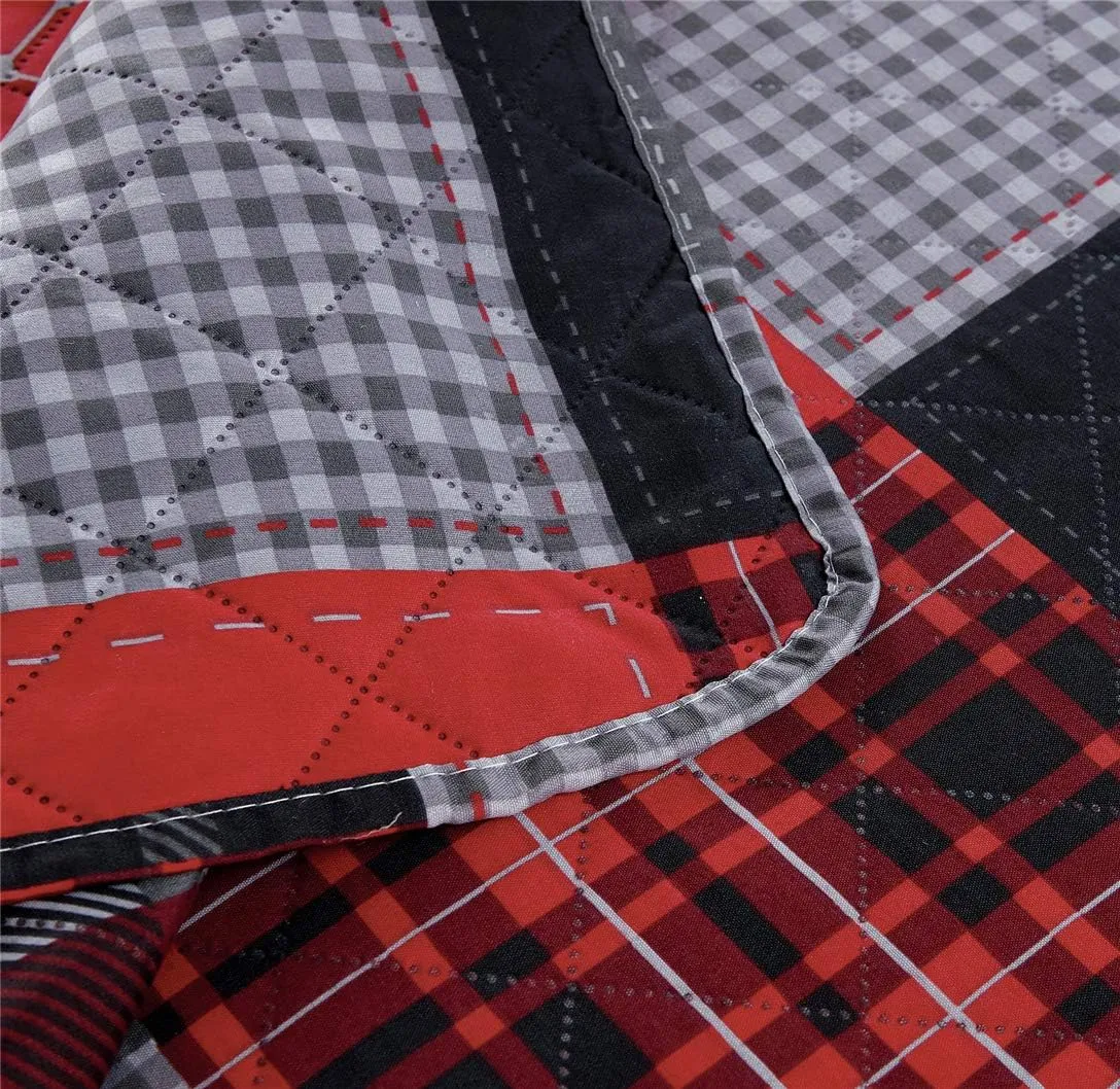 Rustic Bear Quilts Set Full/Queen Size, Red Black Plaid Patchwork Bedding Lightweight Lodge Cabin Bedspread Coverlet with Pillowshams (Red Black Gray, Full/Queen)