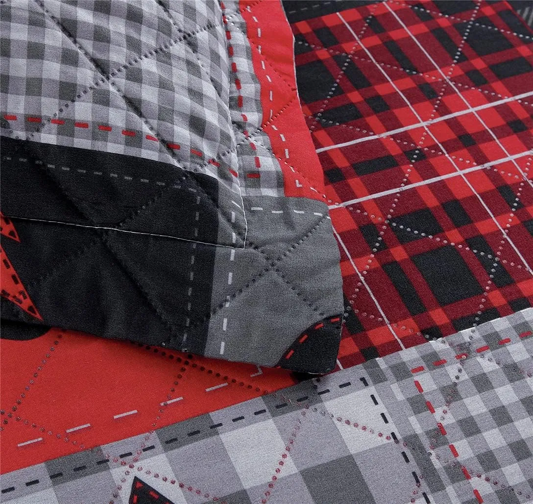 Rustic Bear Quilts Set Full/Queen Size, Red Black Plaid Patchwork Bedding Lightweight Lodge Cabin Bedspread Coverlet with Pillowshams (Red Black Gray, Full/Queen)