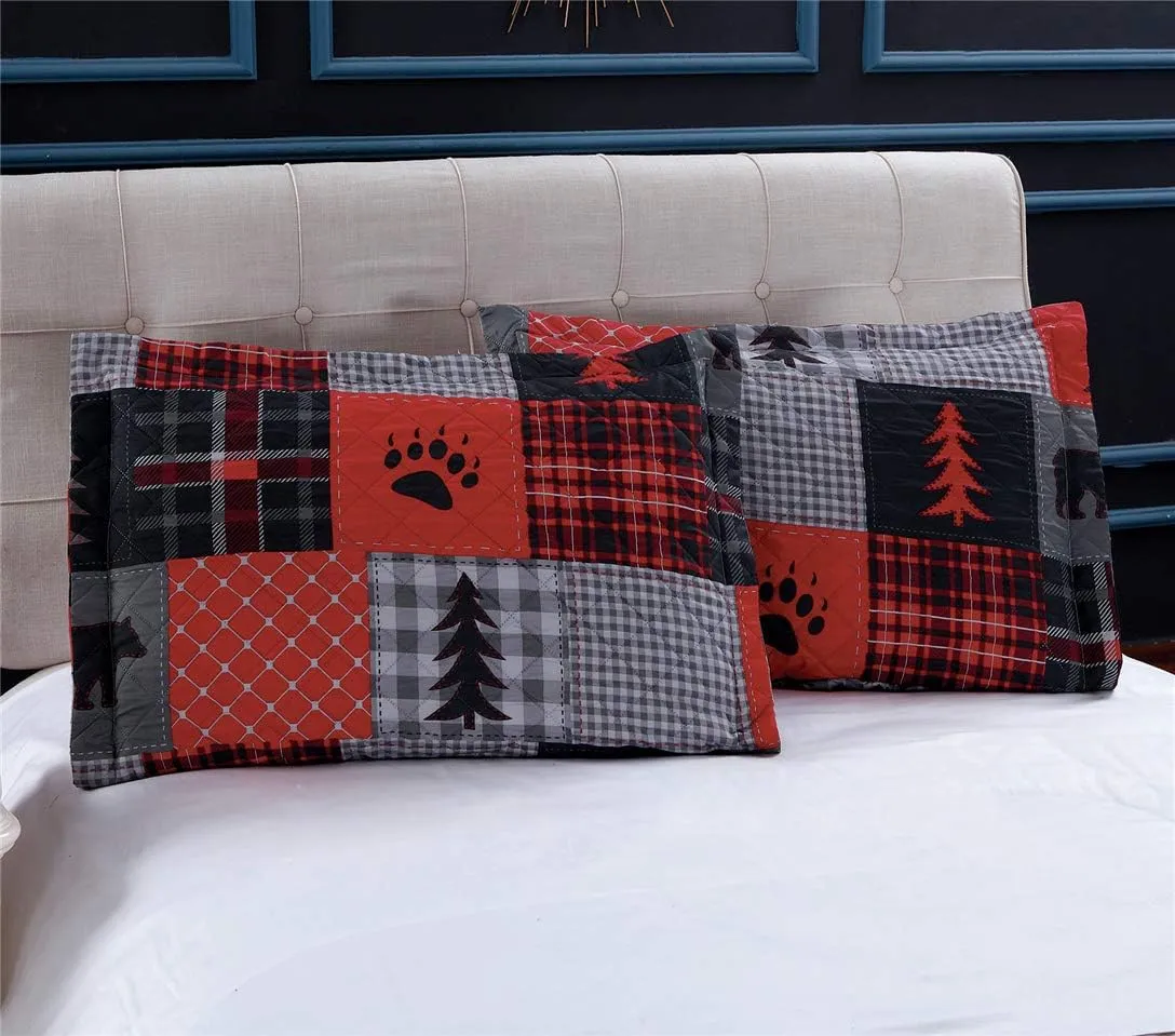 Rustic Bear Quilts Set Full/Queen Size, Red Black Plaid Patchwork Bedding Lightweight Lodge Cabin Bedspread Coverlet with Pillowshams (Red Black Gray, Full/Queen)