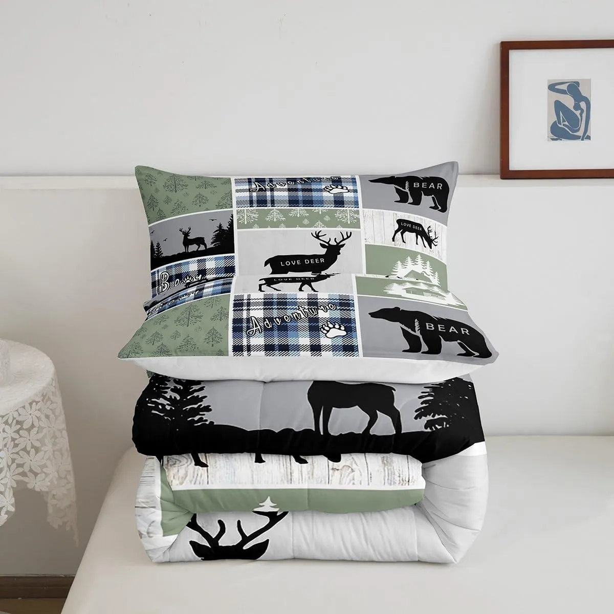 Rustic Cabin Comforter Set, Hunting Bear Deer Bedding Sets Twin, Forest Animal Wildlife Duvet Insert Cabin Decorations for Home, Country Farmhouse Plaid Grid Claw Down Comforter with 1 Pillow Case