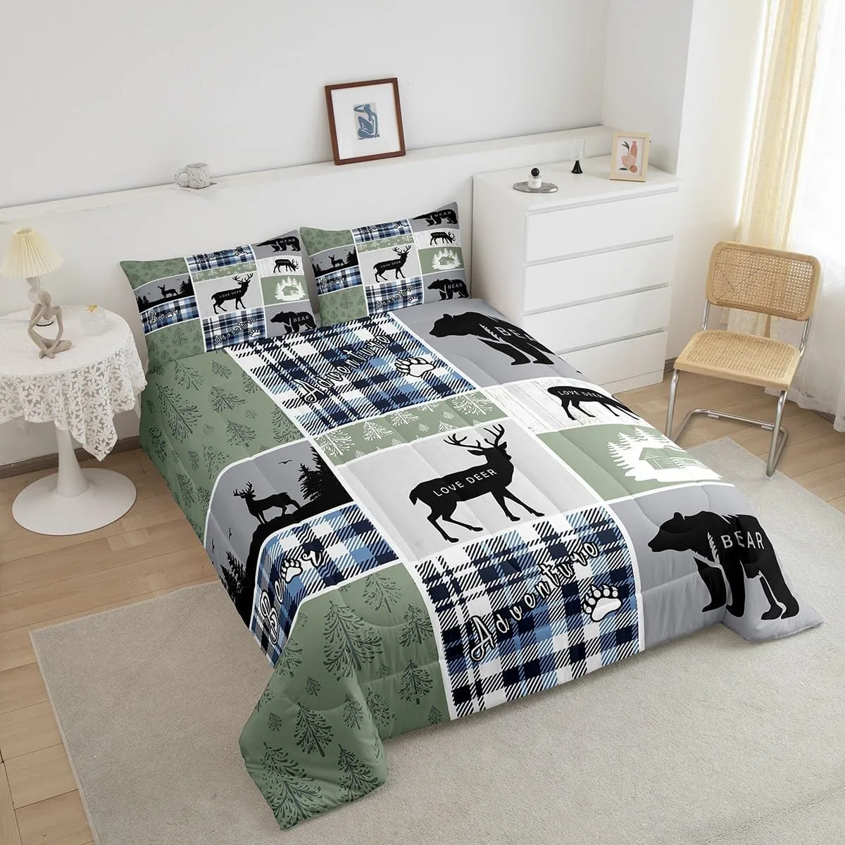 Rustic Cabin Comforter Set, Hunting Bear Deer Bedding Sets Twin, Forest Animal Wildlife Duvet Insert Cabin Decorations for Home, Country Farmhouse Plaid Grid Claw Down Comforter with 1 Pillow Case