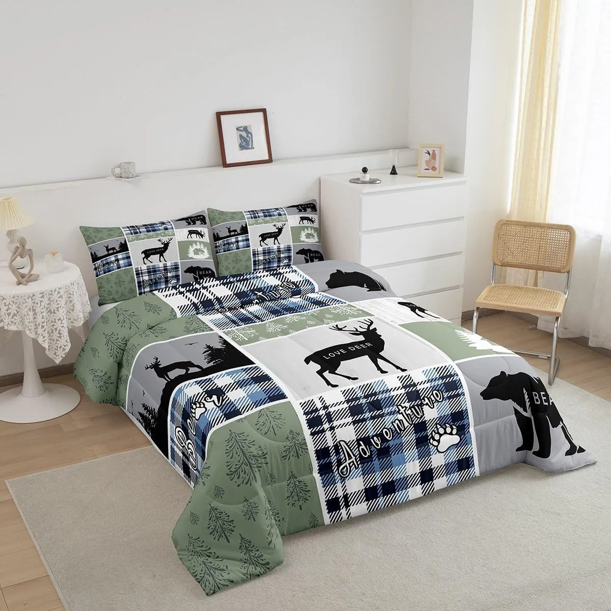 Rustic Cabin Comforter Set, Hunting Bear Deer Bedding Sets Twin, Forest Animal Wildlife Duvet Insert Cabin Decorations for Home, Country Farmhouse Plaid Grid Claw Down Comforter with 1 Pillow Case