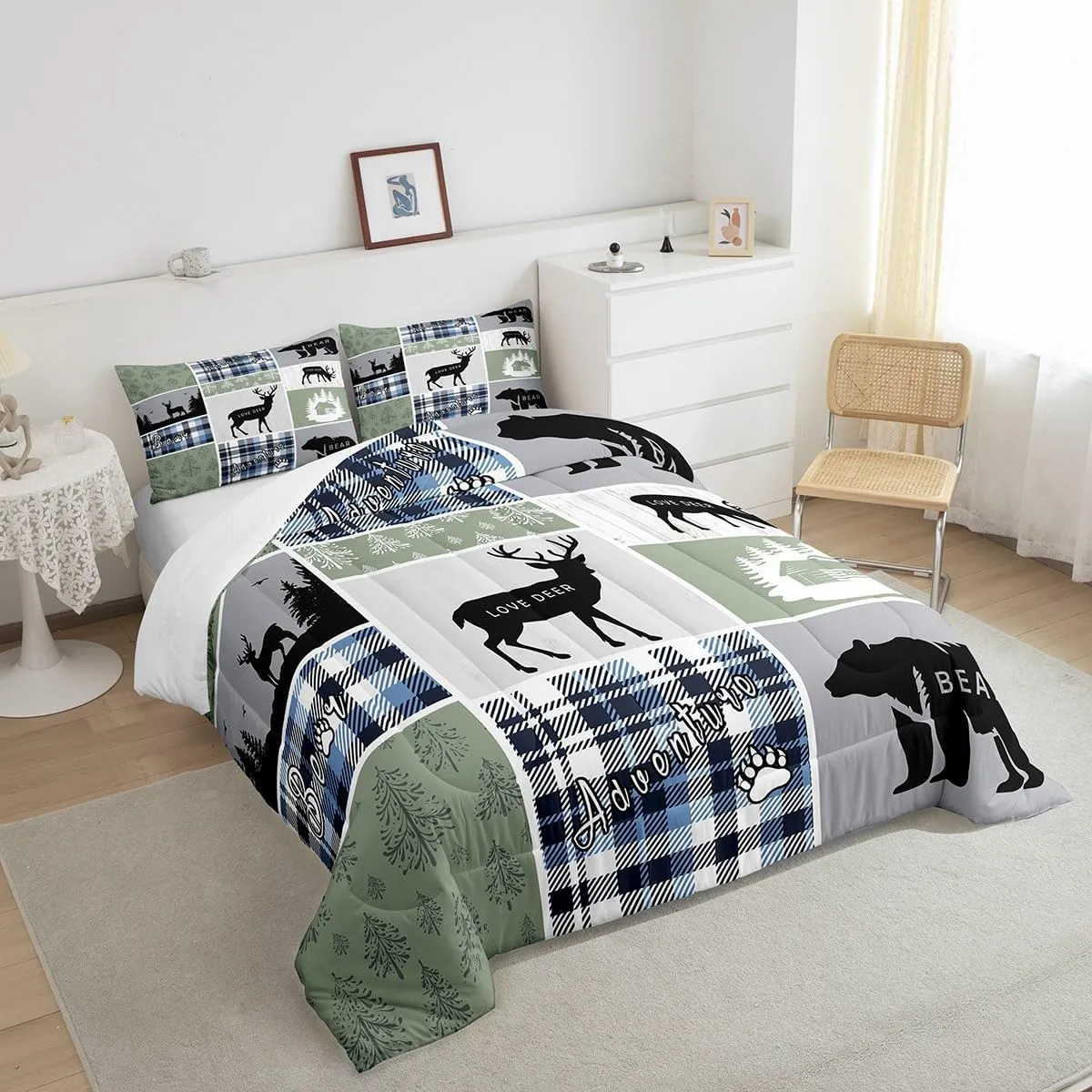 Rustic Cabin Comforter Set, Hunting Bear Deer Bedding Sets Twin, Forest Animal Wildlife Duvet Insert Cabin Decorations for Home, Country Farmhouse Plaid Grid Claw Down Comforter with 1 Pillow Case