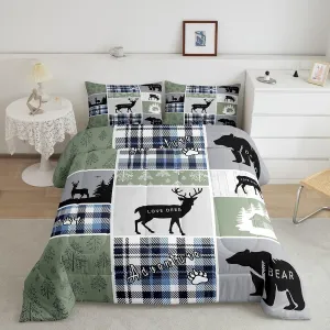Rustic Cabin Comforter Set, Hunting Bear Deer Bedding Sets Twin, Forest Animal Wildlife Duvet Insert Cabin Decorations for Home, Country Farmhouse Plaid Grid Claw Down Comforter with 1 Pillow Case