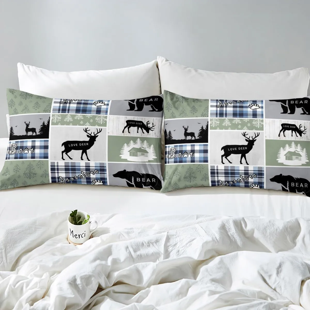 Rustic Cabin Comforter Set, Hunting Bear Deer Bedding Sets Twin, Forest Animal Wildlife Duvet Insert Cabin Decorations for Home, Country Farmhouse Plaid Grid Claw Down Comforter with 1 Pillow Case
