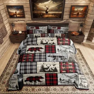 Rustic Cabin Comforter Set Twin Woodland Wolf Deer Bear Comforter For Kids Adults,Red Black Buffalo Plaid Bedding Set Wildlife Camping Lodge Mountain Quilt Bedding Southwestern Farmhouse Decor