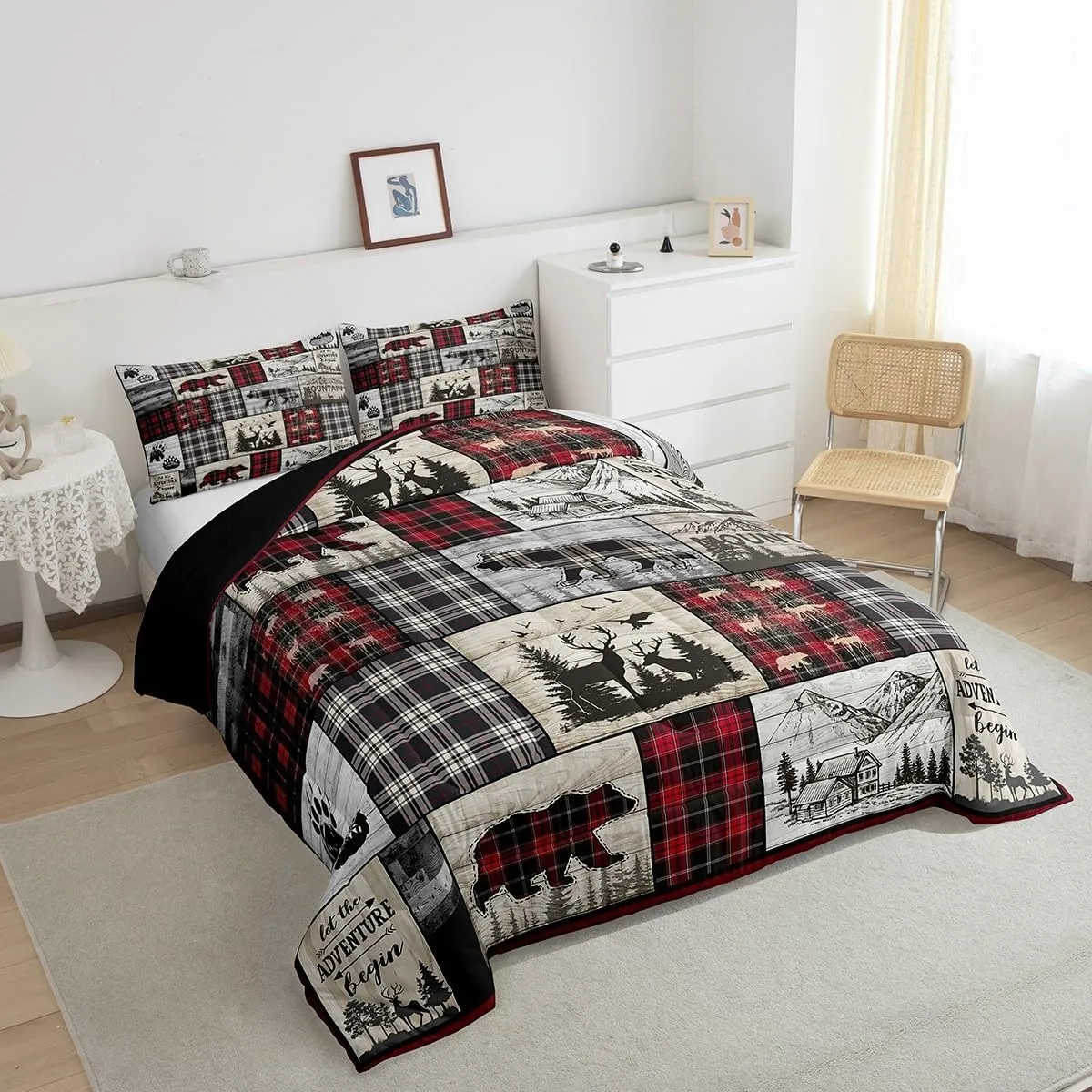 Rustic Cabin Comforter Set Twin Woodland Wolf Deer Bear Comforter For Kids Adults,Red Black Buffalo Plaid Bedding Set Wildlife Camping Lodge Mountain Quilt Bedding Southwestern Farmhouse Decor