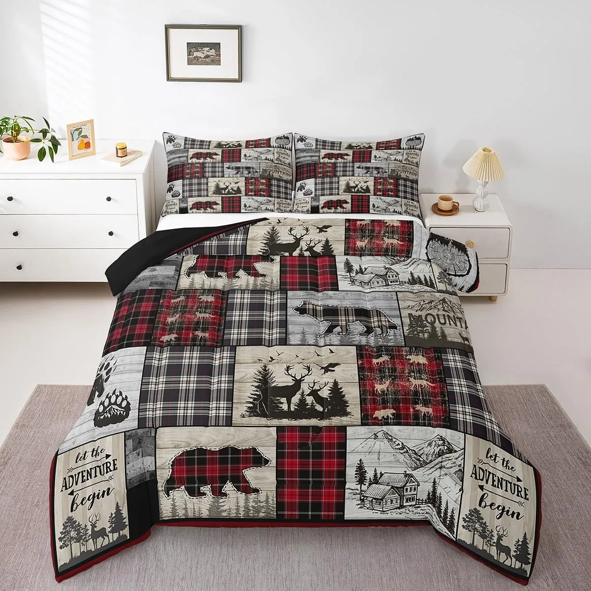 Rustic Cabin Comforter Set Twin Woodland Wolf Deer Bear Comforter For Kids Adults,Red Black Buffalo Plaid Bedding Set Wildlife Camping Lodge Mountain Quilt Bedding Southwestern Farmhouse Decor