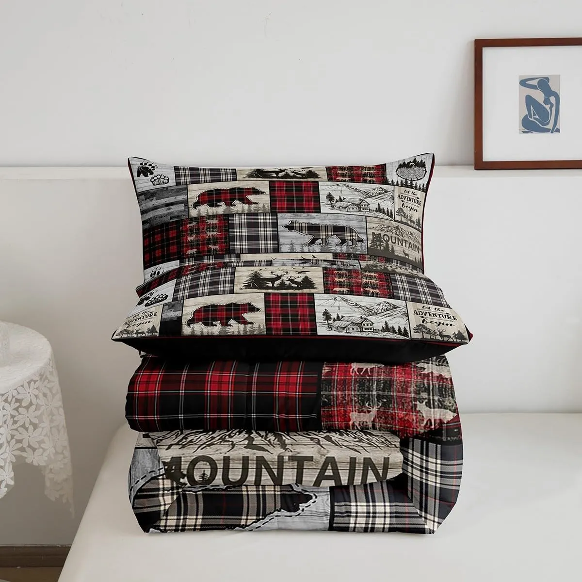Rustic Cabin Comforter Set Twin Woodland Wolf Deer Bear Comforter For Kids Adults,Red Black Buffalo Plaid Bedding Set Wildlife Camping Lodge Mountain Quilt Bedding Southwestern Farmhouse Decor