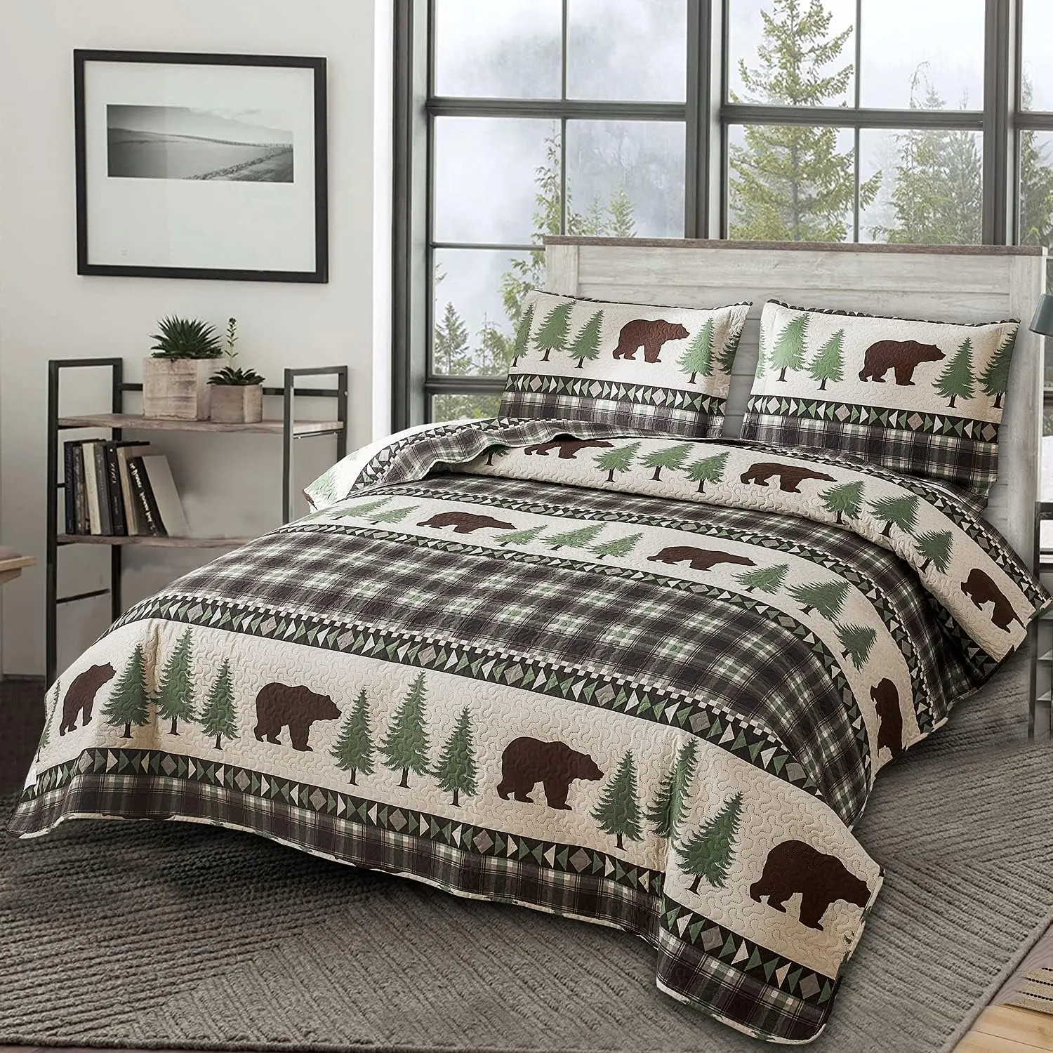 Rustic King Size Quilt Set - Lodge Bedding with Plaid Quilts, Lightweight Reversible Bedspread, and 2 Pillow Shams