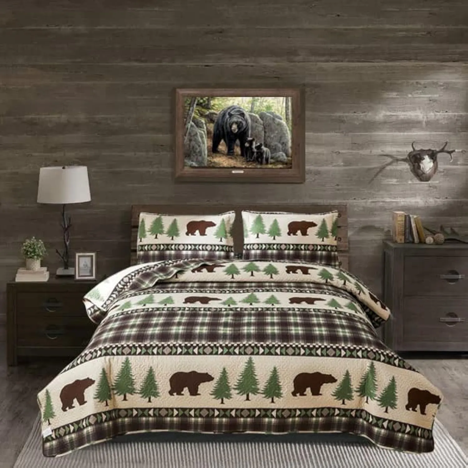 Rustic King Size Quilt Set - Lodge Bedding with Plaid Quilts, Lightweight Reversible Bedspread, and 2 Pillow Shams