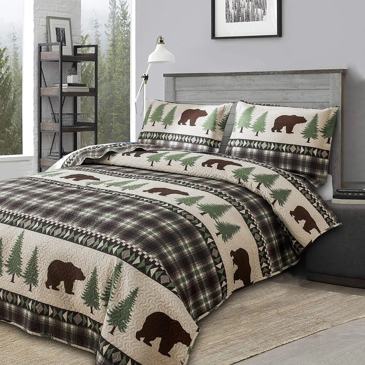Rustic King Size Quilt Set - Lodge Bedding with Plaid Quilts, Lightweight Reversible Bedspread, and 2 Pillow Shams