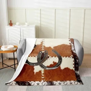 Rustic Retro Horseshoe Throw Blanket 30x40 Brown Farm Animal Cowhide Print Bed Blanket for Kids Teens Adults Vintage Plaid Farmhouse Style Flannel Blanket for Housewarming
