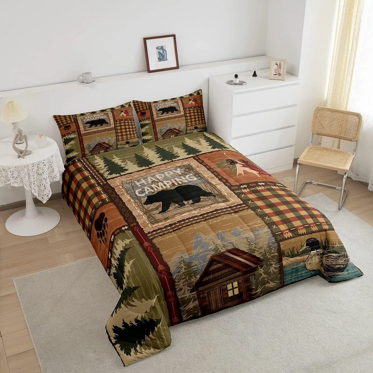 RV Camper Queen Comforter Set,Happy Camping Bedding Set for Teens Youth,Hunting Duck Bear Bedding Comforter Sets Rustic Plaid Woodland Adventure Duvet Insert with 2 Pillow Shams Bedroom Decor