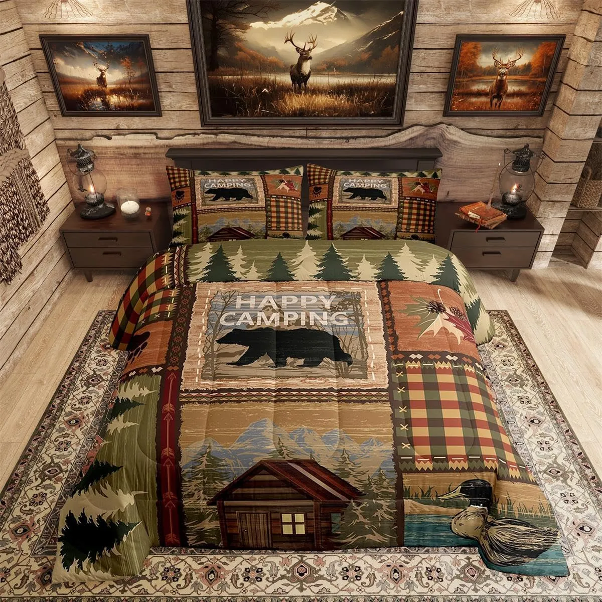 RV Camper Queen Comforter Set,Happy Camping Bedding Set for Teens Youth,Hunting Duck Bear Bedding Comforter Sets Rustic Plaid Woodland Adventure Duvet Insert with 2 Pillow Shams Bedroom Decor