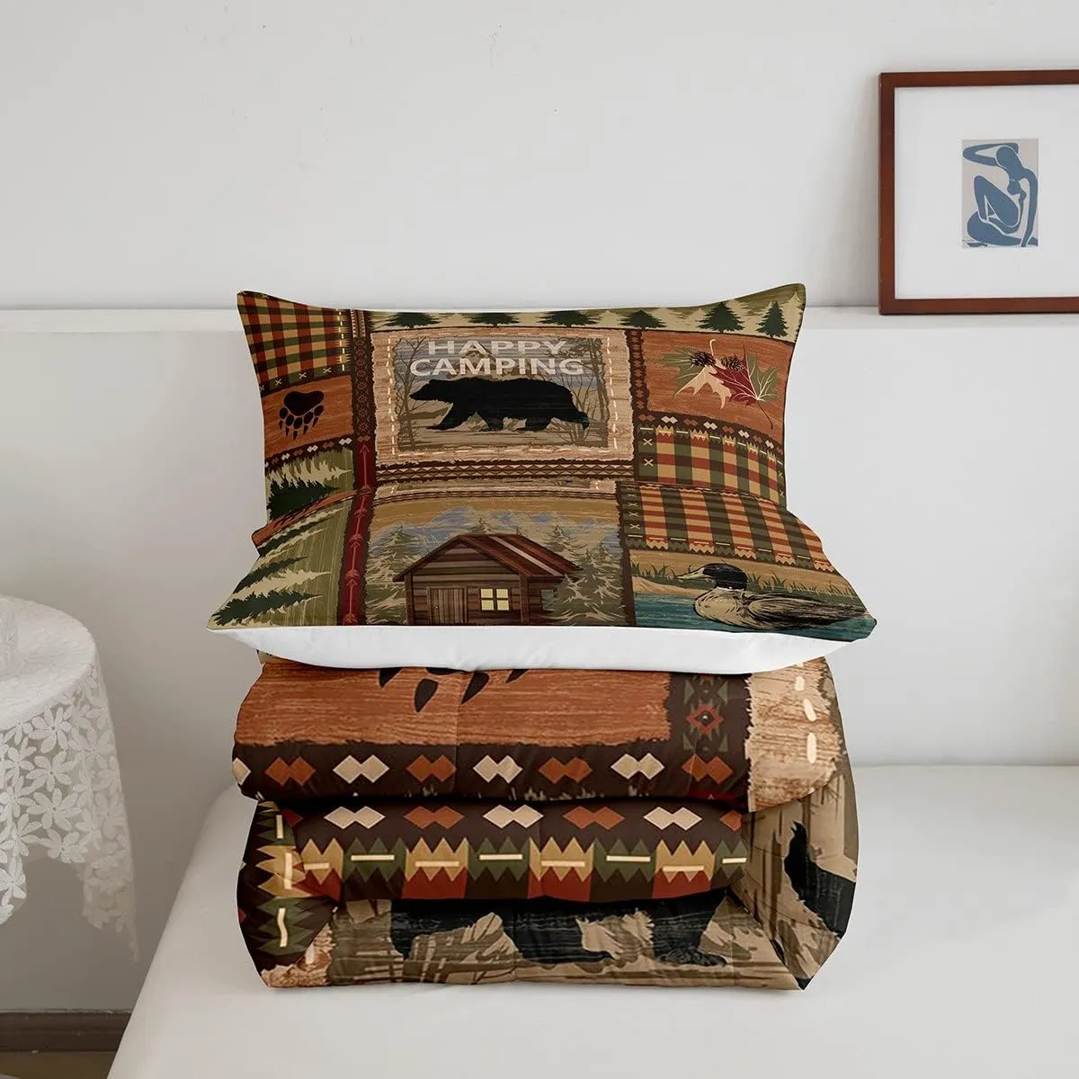 RV Camper Queen Comforter Set,Happy Camping Bedding Set for Teens Youth,Hunting Duck Bear Bedding Comforter Sets Rustic Plaid Woodland Adventure Duvet Insert with 2 Pillow Shams Bedroom Decor