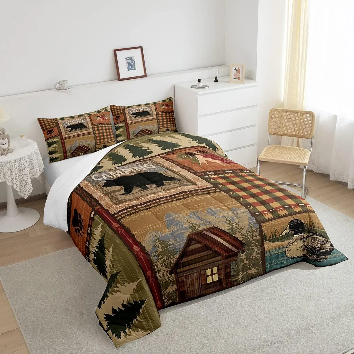 RV Camper Queen Comforter Set,Happy Camping Bedding Set for Teens Youth,Hunting Duck Bear Bedding Comforter Sets Rustic Plaid Woodland Adventure Duvet Insert with 2 Pillow Shams Bedroom Decor