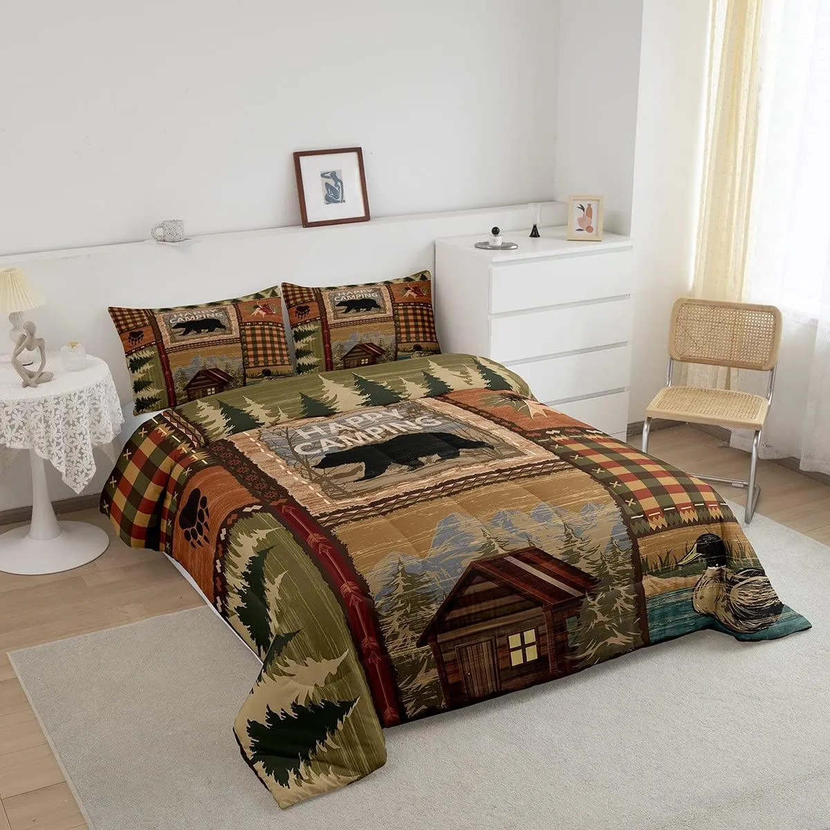 RV Camper Queen Comforter Set,Happy Camping Bedding Set for Teens Youth,Hunting Duck Bear Bedding Comforter Sets Rustic Plaid Woodland Adventure Duvet Insert with 2 Pillow Shams Bedroom Decor