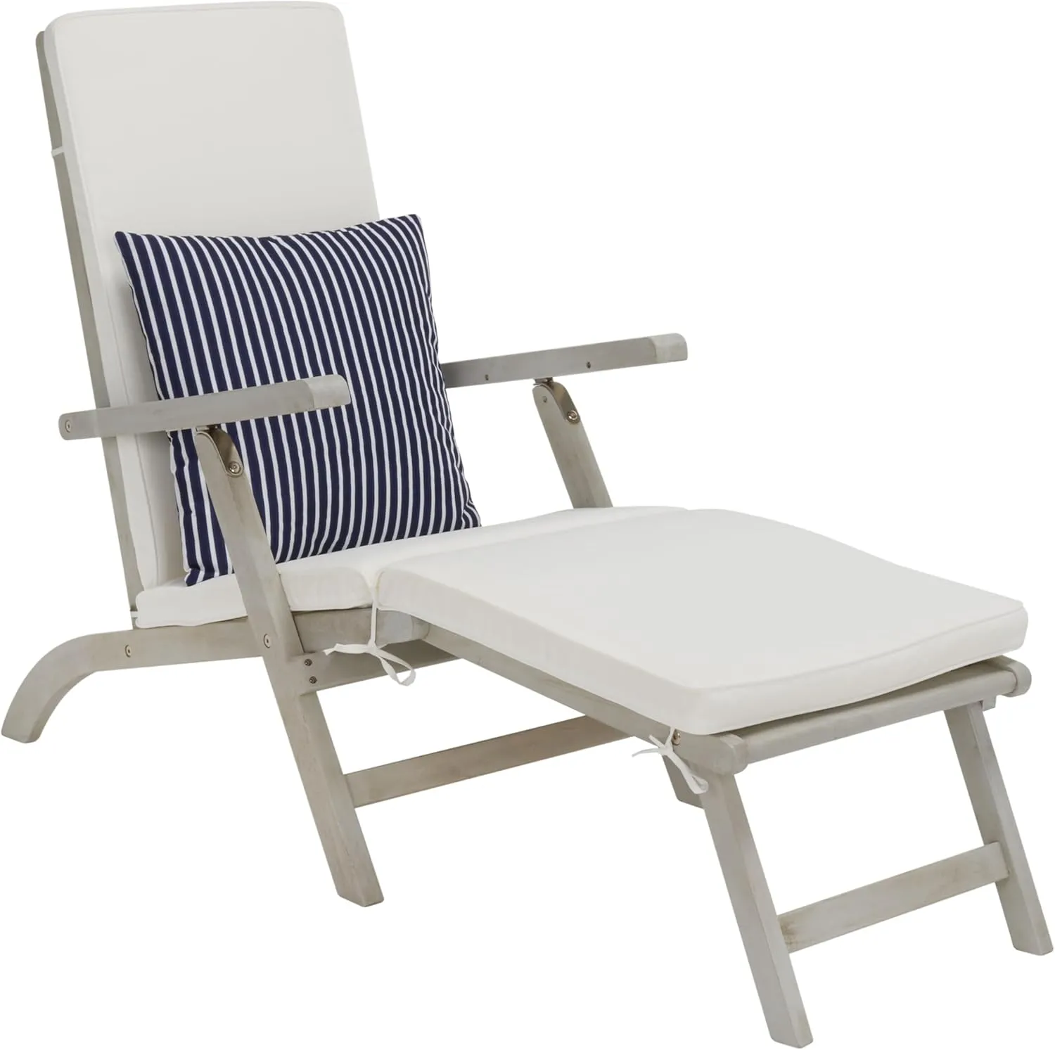 SAFAVIEH Outdoor Collection Palmdale Grey Solid Wood/Beige Cushion with Striped Pillow Chaise Lounge Chair (PAT7015F)