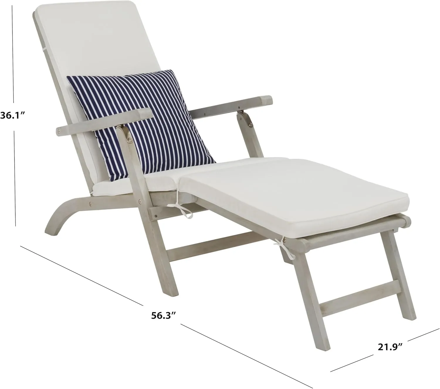 SAFAVIEH Outdoor Collection Palmdale Grey Solid Wood/Beige Cushion with Striped Pillow Chaise Lounge Chair (PAT7015F)