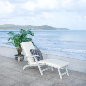 SAFAVIEH Outdoor Collection Palmdale Grey Solid Wood/Beige Cushion with Striped Pillow Chaise Lounge Chair (PAT7015F)