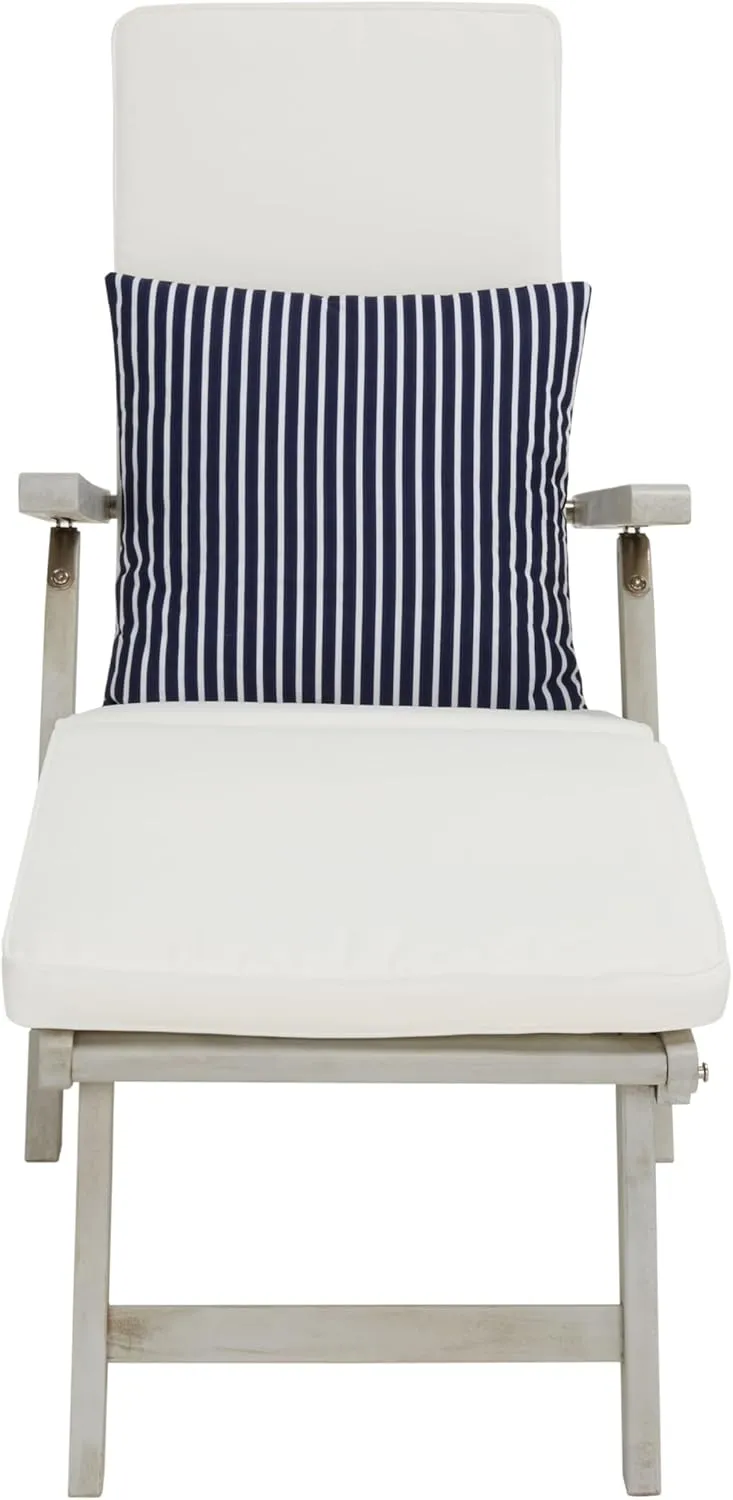 SAFAVIEH Outdoor Collection Palmdale Grey Solid Wood/Beige Cushion with Striped Pillow Chaise Lounge Chair (PAT7015F)