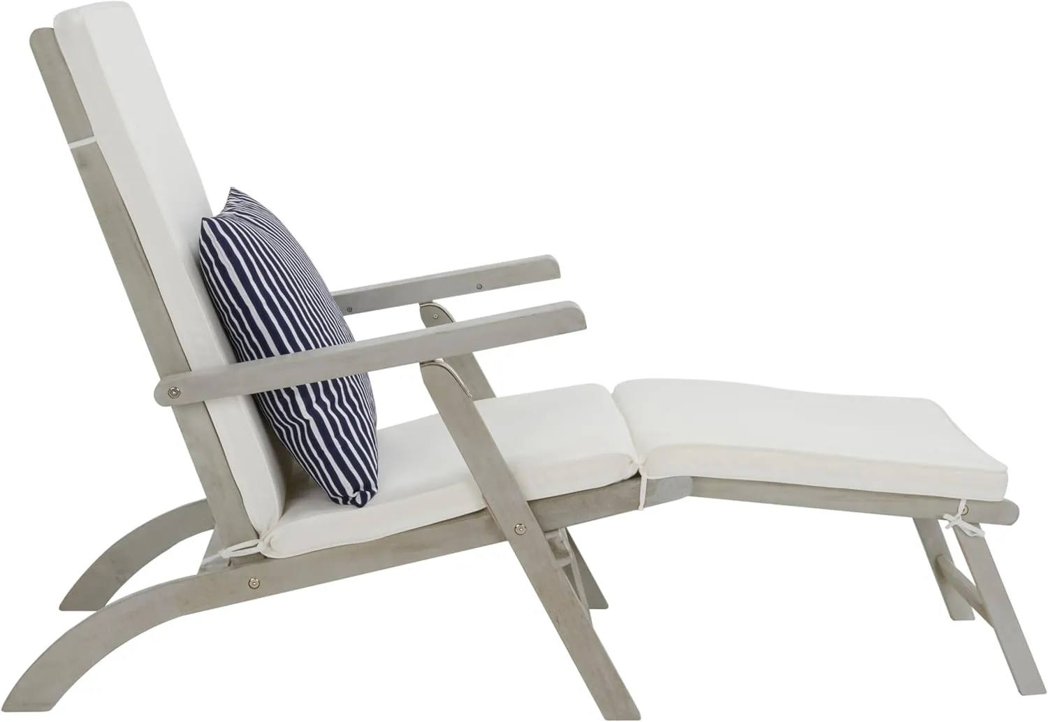 SAFAVIEH Outdoor Collection Palmdale Grey Solid Wood/Beige Cushion with Striped Pillow Chaise Lounge Chair (PAT7015F)