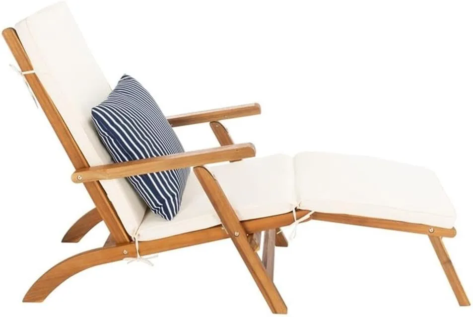 SAFAVIEH Outdoor Collection Palmdale Natural Brown Solid Wood/Beige Cushion with Striped Pillow Chaise Lounge Chair (PAT7015E)
