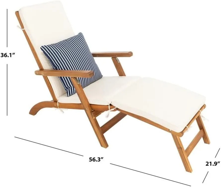 SAFAVIEH Outdoor Collection Palmdale Natural Brown Solid Wood/Beige Cushion with Striped Pillow Chaise Lounge Chair (PAT7015E)
