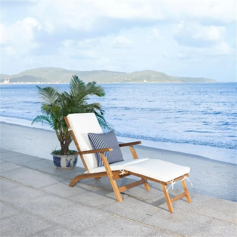 SAFAVIEH Outdoor Collection Palmdale Natural Brown Solid Wood/Beige Cushion with Striped Pillow Chaise Lounge Chair (PAT7015E)
