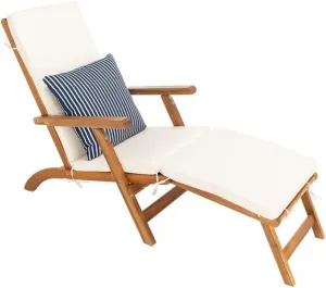 SAFAVIEH Outdoor Collection Palmdale Natural Brown Solid Wood/Beige Cushion with Striped Pillow Chaise Lounge Chair (PAT7015E)